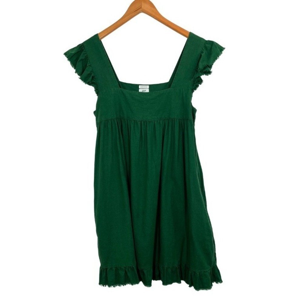 Aerie Womens Forest Green Linen Blend Ruffle Babydoll Mini Dress Size M Pockets - Picture 8 of 11